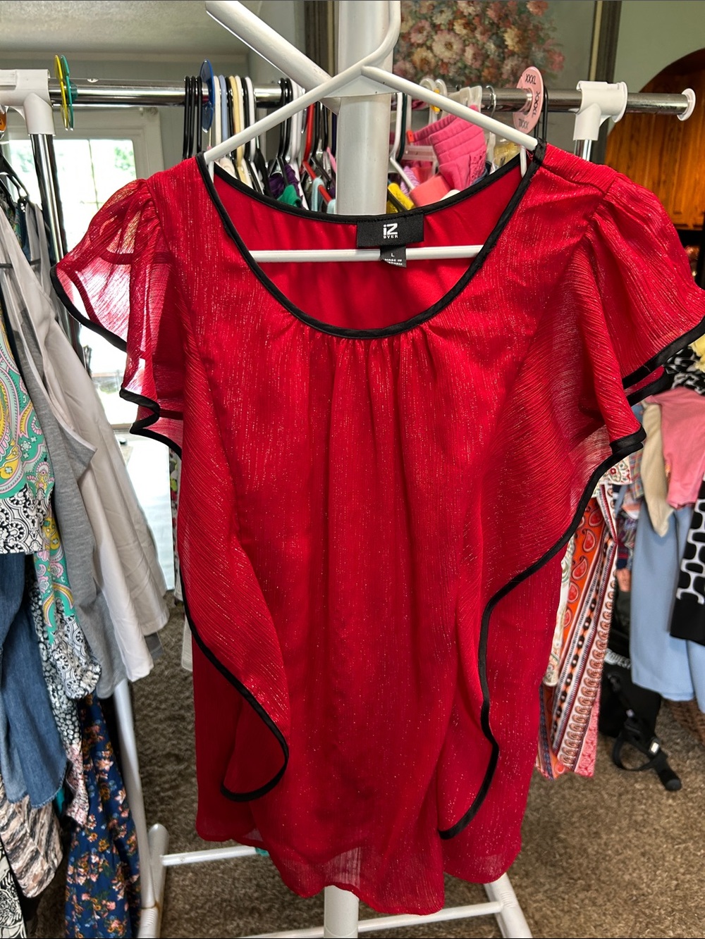 Iz Byer Red Flutter Sleeve Top with Black Trim Size L